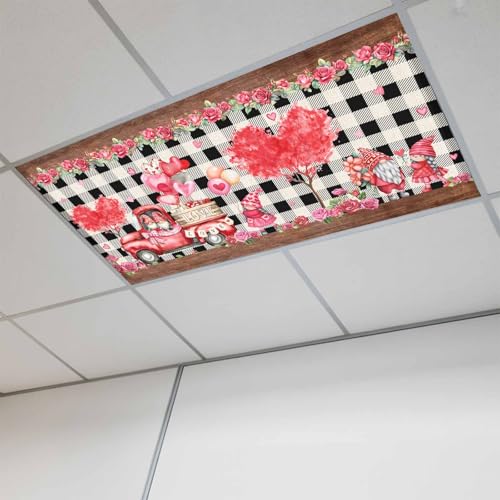 2x4 ft Fluorescent Light Cover for Ceiling Valentines Dwarfs Love Heart Truck Magnetic Light Filters, Retro Lattice and Wooden Ceiling Lampshades for Home School Office 1Pcs