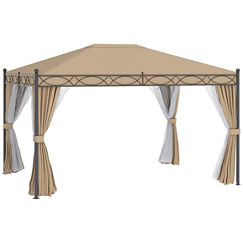 Outsunny Pavillon Gartenpavillon 3x4 m Gartenzelt Festzelt Partyzelt mit 4 x Seitenwände Moskitonetz Metall Polyester Beige