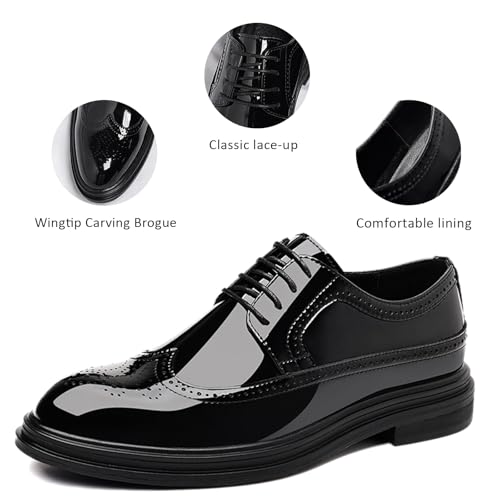 Men's Patent Leather Wingtip Brogue Lace-up Oxford Shoes Classic Pointed Toe Retro Carving Low Chunky Heel Derby Shoes Wedding Business Formal Party Dress Shoes 5