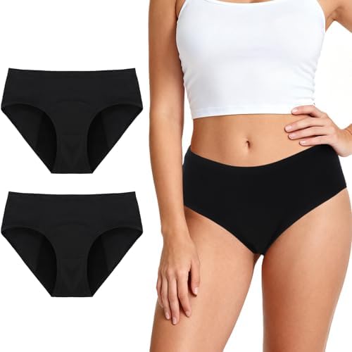 YONVEXO Period Underwear for Women, Cotton Panties Washable& Reusable, 60ML High Leak Proof Underwear, Breathable Briefs for Period/Incontinence/Postpartum Black- 2pack-L