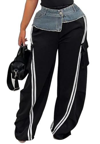 Women Cargo Sweatpants Denim High Waisted Baggy Wide Leg Boyfriend Loose Striped Pants Y2k