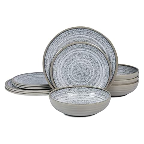 Melamine Dinnerware Sets 12 PCS - Service for 4 Plates & Bowls Sets Dishwasher Top-Shelf Safe, BPA Free Dinner Dishes Set for Everyday Use-Granite Pattern Gray Back Cover