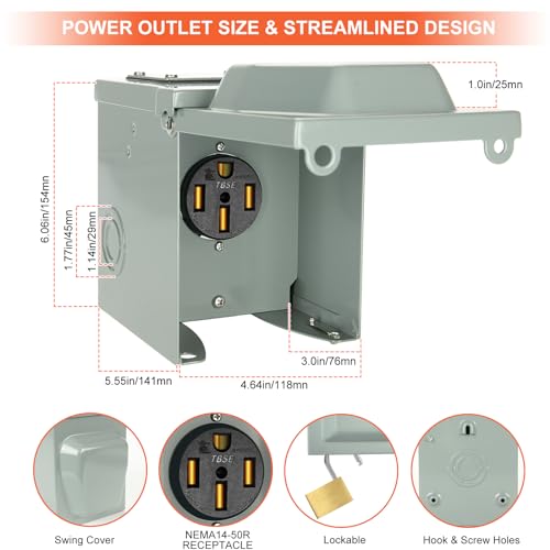 Image of WELLUCK RV Power Outlet Box | 50A 125 /250V, NEMA 14-50R Receptacle | Enclosed & Lockable | Weatherproof Plug for Travel Trailer, RV Camper, Generator Temporary Hookup