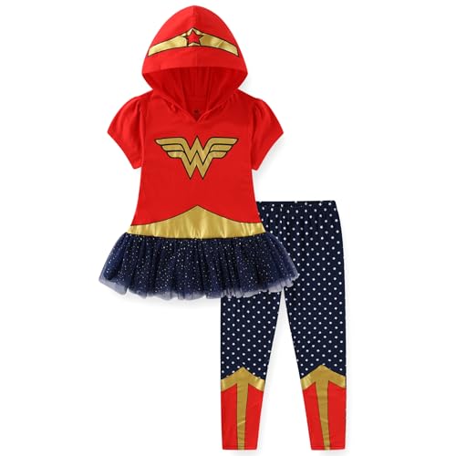 WARNER BROS Wonder Woman Girls Cosplay Hooded Shirt with Tulle and Legging Pants Set for Toddler and Big Kids