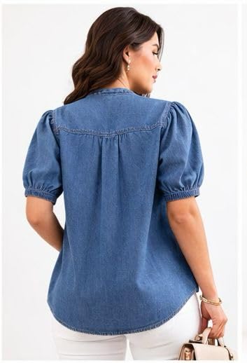 Image of Women's Denim Shirt, Blue, Puff Sleeve, Breeze Top Button Front, Casual Top
