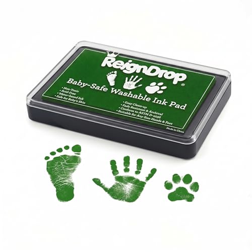 ReignDrop Baby Ink Pad for Hand and Footprints, Non-Toxic Acid-Free Keepsake Kit, Smudge-Proof Archival Ink Wipes Off Skin, for Scrapbook, Photo Album, Frames & Pet Paws, Baby Gift (Green)