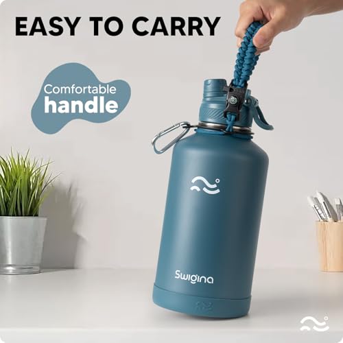 Image of Swigina 64 oz Insulated Water Bottle with Silicone Boot (48hrs Cold /24hrs Hot) - DIY Stickers, Leakproof, BPA Free, Half Gallon [2-IN-1 LID