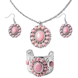 Howlite Western Jewelry for Women Sets - Beautiful Statement Necklace Earrings & Cuff Bracelet Set Southwestern Chunky Necklaces Costume Jewelry - Turquoise Inspired Cowgirl Accessories - Pink