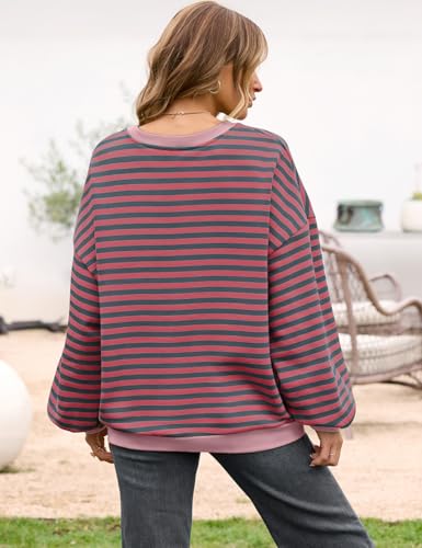Image of UEU Women Oversized Striped Crewneck Sweatshirt Long Sleeve Color Block Pullover Tops Casual Loose Workout Shirt