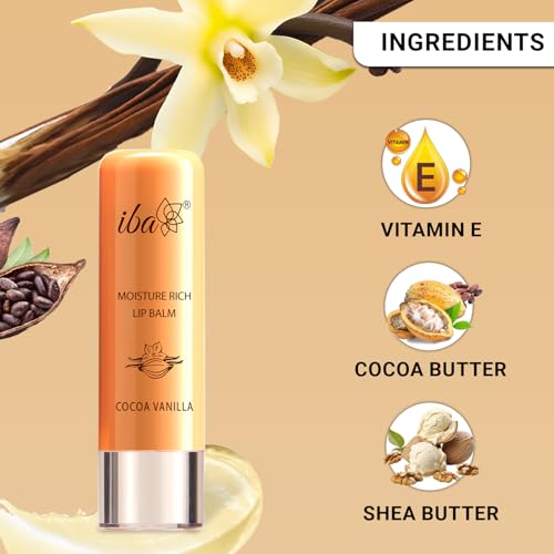 Image of Iba Pure Lips Moisture Rich Lip Balm - Cocoa Vanilla, 4.5 g (Pack of 2) | For Pigmented, Dry Damaged & Chapped Lips | Enriched with Cocoa Butter, Shea Butter | Glossy Finish | 100% Natural | Halal Certified & Vegan