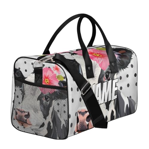 Personalized Cute Milk Cow Travel Duffel Bag with Name, Custom Gym Sport Bag Black Dots Carry On Weekend Overnight Duffel Bag for Men Women3