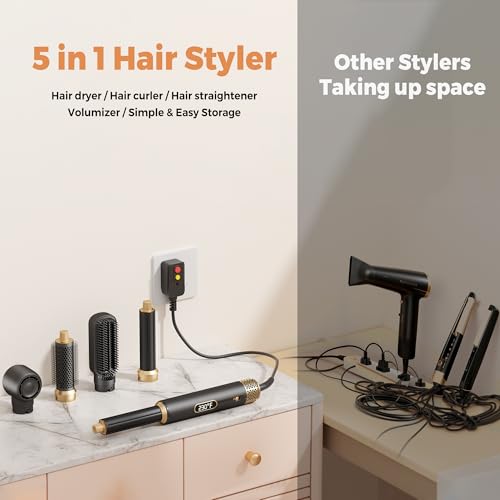 Image of Blow Dryer Brush 5 in 1 Set,Negative Ion Air Curling Wrap Air Curler, Hot Air Styler Round Brush Blow Dryer Curling Iron Hair Styling Tools Gift for Dry,Volumize, Straight,Curl,100-120V