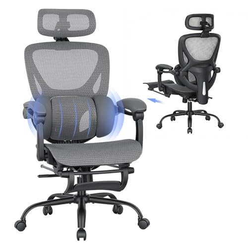 Image of MALOL Ergonomic Mesh Office Chair with Footrest, Executive High Back Computer Desk Chair with 3D Adjustable Headrest & 5-Level Lumbar Support, Reclining Tilt Lock, 3D Arms, 300LBS Capacity, Grey