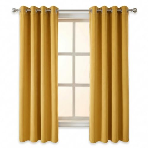 Image of 100% Blackout Window Curtains, 5 Feet, Solid Design, Faux Silk, Thermal Insulated, Noise Reducing Eyelet Door Curtain with Tie Back for Living Room & Bedroom, 115x150cm, Pack of 1 - Yellow