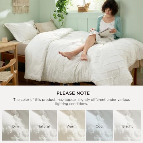 Image of Bedsure Twin XL Comforter Set - Ivory Comforter, Boho Tufted Distressed Vintage Bedding for Kids, 2 Pieces Farmhouse-Style Bed Set for All Seasons, Fluffy Soft Bedding with 1 Pillow Sham