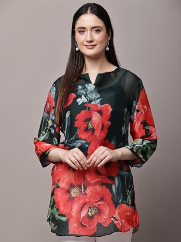 Image of Women's Pink Printed Short Kurti with Lace Trim, 3 /4 Sleeves, Ethnic Indian Style Top
