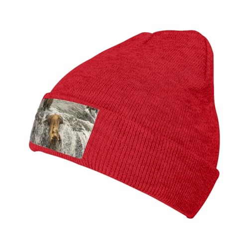 Migpkd Gorro unisex con diseño de oso que atrapa peces y río, para hombres y mujeres, gorro de invierno de punto, gorro cálido con puños, a la moda, rosso, Talla única