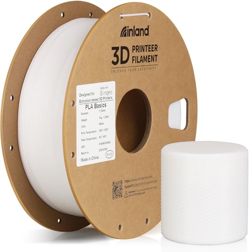 Inland PLA Basics Filament 1.75mm, 1kg Spool – Dimensional Accuracy ±0.02mm, Neatly Wound, Fits Most FDM 3D Printers (White, 1 Pack)
