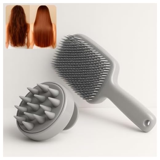 Kit Escova de Cabelo – 1 Escova Curvada Fashion Tipo Raquete + 1 Escova de Silicone para Massagem no Couro Cabeludo – Ideal para Banho, Lavagem e Cuidados Capilares – Antiestresse, Estimulante e Relaxante (Cinza)