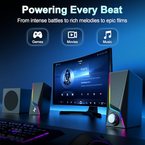 Image of Nylavee Computer Speakers with Subwoofer, 2.1 PC Speakers System with 8 Lighting Modes, 60W Peak Power, AC Adapter Powered, Bluetooth 5.4, USB /USB-C and 3.5mm Aux in for Desktop, Monitor, Gaming