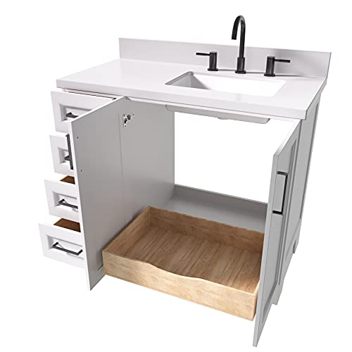 Ariel 43" White Bathroom Vanity With 1.5" Edge Pure White Quartz Countertop & Backsplash, Right Rectangualr Sink, 2 Soft Closing Doors, 5 Full Extension Dovetail Drawers, Toe Kick, Matte Black #TOP3