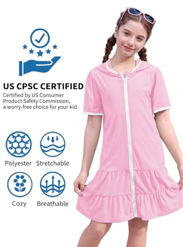 Image of BesserBay Girls Summer Beach Quick Dry Cover Up Ruffle Hem Terry Smocked Hooded 4-14 Years with Pockets