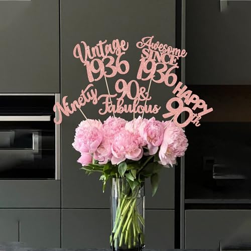 Image of 15 PCS 90th Birthday Centerpiece Sticks Double Sided Ninety Happy 90th Vintage 1936 Table Flower Centerpieces Sticks Cheers to 90 Fabulous Floral Decorations for 90th Birthday Party Supplies Rose Gold