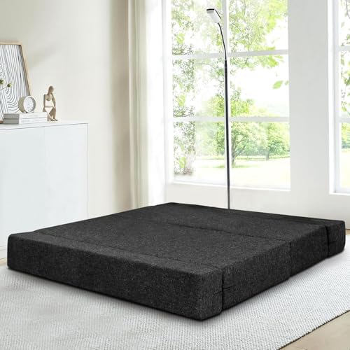 Image of Rosebell Three Seater Sofa Cum Bed | Jute Fabric Washable Cover | with 3 Printed Cushions Perfect for Guest | Black | 5' X 6' Feet