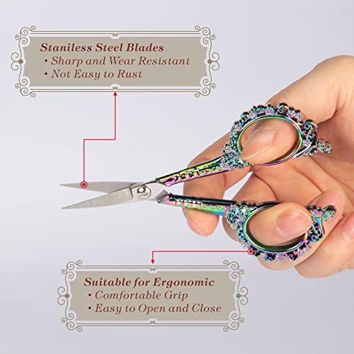Image of Embroidery Scissors - 4.5In Cute Vintage European Style Sewing Plum Blossom Sharp Stainless Steel Small Scissors for Fabric Knitting Cross Stitch Craft Art Work Needlework (Rainbow Color) (Pack of 2)
