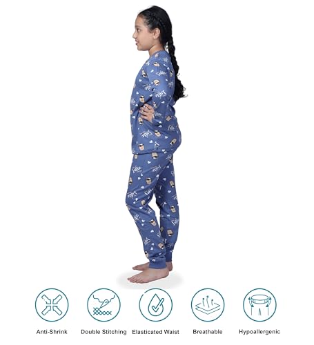 Image of Hestia | H.NSG.N.1 | Kids Girls Nightwear | Sleepwear | Cotton |Trouser Full Sleeves Tshirt | Elastic Waist |Night Dress with Pyjama Tshirts for Girls|All Over Horse Printed |Blue Color 4-6Yrs |Set 1
