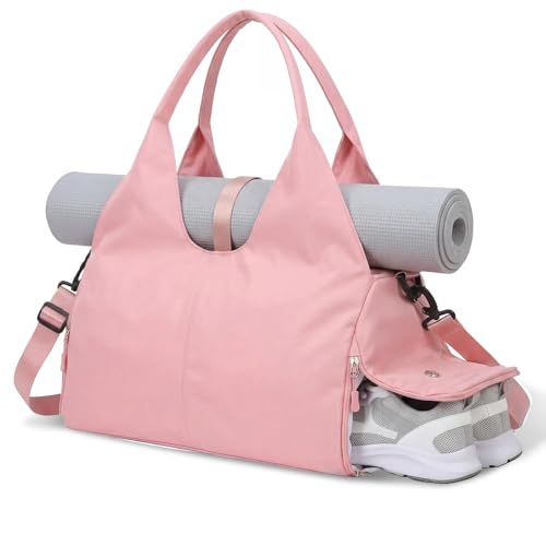 Bolsa de ginástica feminina para ioga com compartimento para sapatos e bolso molhado, bolsa de viagem para pilates, grande, com alça ajustável (rosa)