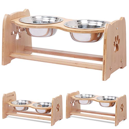X-ZONE PET Raised Pet Bowls for Cats and Dogs, Adjustable Bamboo Elevated Dog