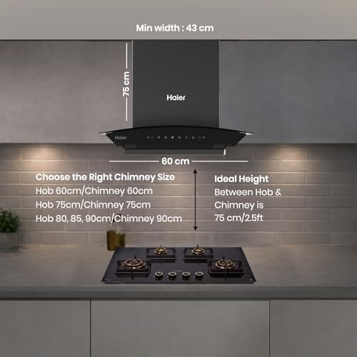 Image of Haier 60 cm 1600 m3 /hr Filterless Autoclean Kitchen Chimney Low Noise, 220W Motor, Unibody Design (Zero Weld Body), 10 Yr Motor & 4 Yr Product Warranty, Free Installation Kit, Black, HIH-G60HM-NE