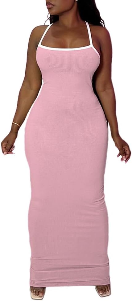 PINSV Women Summer Long Dress Casual Slip Sexy Slim Sleeveless Bodycon Maxi Dresses for Women