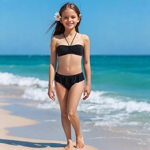 Girls Swimsuit 2 Piece Swimsuit Girl Bathing Suit Ruffled Teen Bikini Sets for Girls' Swimwear Size 14 Yizuoding002 Black2