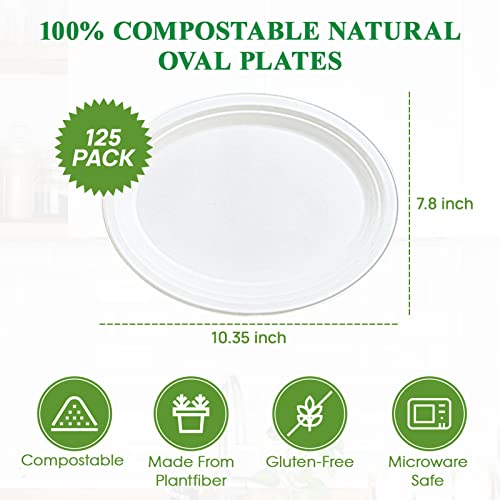 Vplus 100% Compostable Oval Paper Plates 10 Inch 125 Pack Super Strong Disposable Paper Plates Bagasse Natural Biodegradable Eco-Friendly Sugarcane Plates For Bbq, Party, Gathering, And Picnic #TOP4