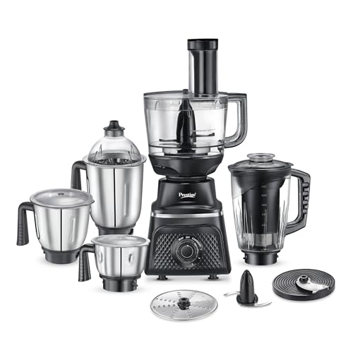 Image of Prestige Prisma Pro 750W 5 Jars Mixer Grinder|Stainless Steel Jars 3U, Multi Utility Jar 1 U, & Juice Jar 1 U|6 Super-Efficient Blades|Black & Silver