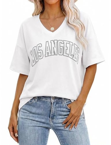 Demegimi Damen T-Shirt Sommer Oversize V-Ausschnitt Oberteil Kurzarm Weich Atmungsaktiv Casual Basic Shirt für Damen S-XXL