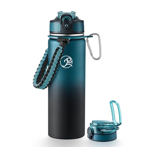 Image of GOSWAG 24oz Insulated Stainless Steel Travel Water Bottle, 2 Lids | with straw and no straw, Paracord handle, Double-wall vacuum keeps drinks cold or hot, Leakproof tumbler
