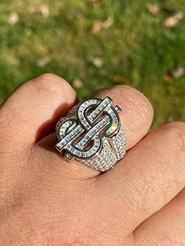 HarlemBling Solid 925 Sterling Silver - Money $ Ring - Iced Flooded Out Baguette Diamond Mens Hip Hop Dollar Sign Ring - Sizes 7-133