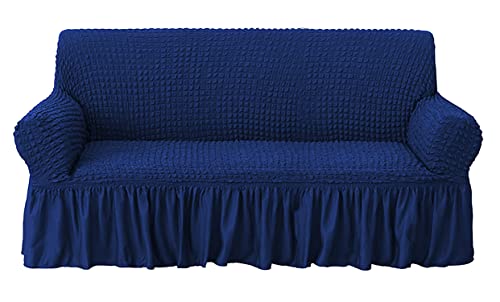 Image of House of Quirk Turkish Bubble Frill 280 GSM Sofa Slipcovers, Durable Washable Universal Triple Seater High Elastic Furniture Protector (Navy, 185-230cm)