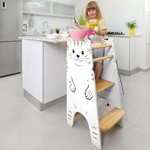 Shandra Kids Kitchen Step Stool for Toddlers, Toddler Tower Adjustable Stool with 3 Adjustable Heights, Suitable for Toddlers 18 Months to 6 Years - Montessori Toddler Stool