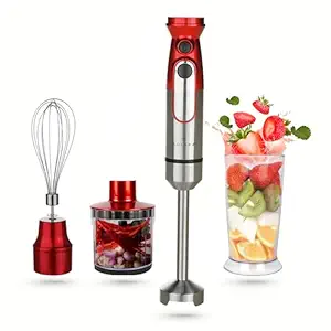 SOLARA Electric Hand Blender for Kitchen with Whisk, Mixing Jar & Chopper Attachment | Titanium Coated Stainless Steel Blades Mixer Grinder | Variable Speeds+TURBO | Blender for smoothie and juices, Batters & more| Red- Blender with Chopper