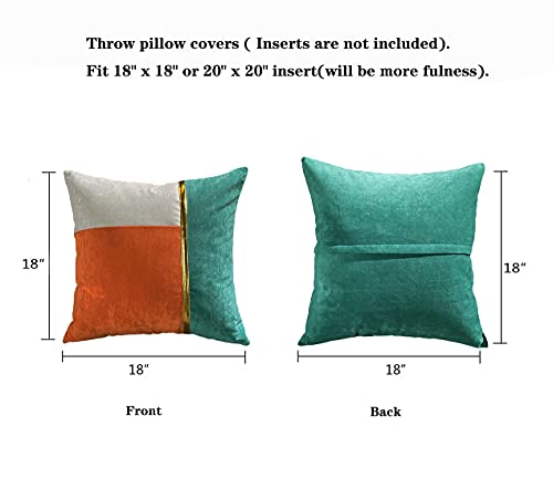 Qiyiqi Orange Teal Gray Gold Leather Patchwork Velvet Throw Pillow Covers 18 X 18 Inches Luxury Modern Cushion Cases Decorative Pillows For Couch Living Room Bedroom (Orange+Teal+Gray) #TOP4