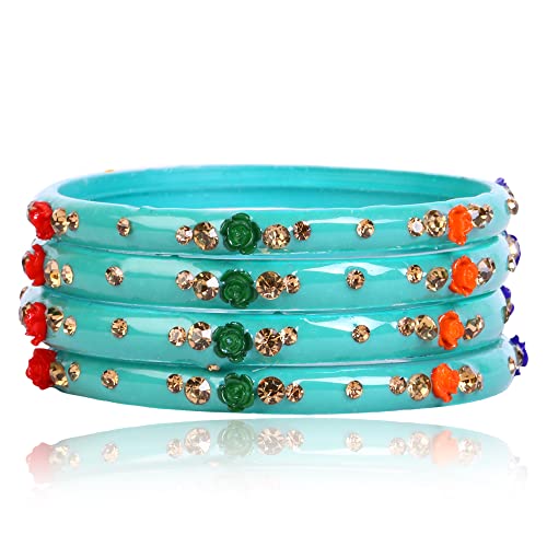 JD'Z COLLECTION Bollywood Bangle Bracelets For Women & Girls Partywear Kada Indian Glass Bangles Jewelry Set Flower Designer Saree Matching 4pc Bangles For Women (Santro, 2.4)