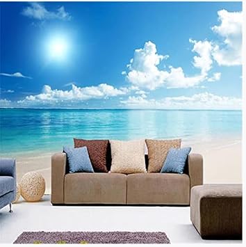 Sky Ocean Wallpapers Wall Murals, Sunshine Beach 3D Print Peel and Stick Self-Adhesive Home Wall Decal for Boys Girls Bedroom Office Living Room Poster Sticker,48" W x36 H