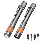 EverBrite 2-Pack Rechargeable Pen Light, 300 Lumens EDC Flashlight, Zoomable LED Pocket Flashlight with Clip, Memory Function and USB C Cable Included, for Camping, Emergency, Gray