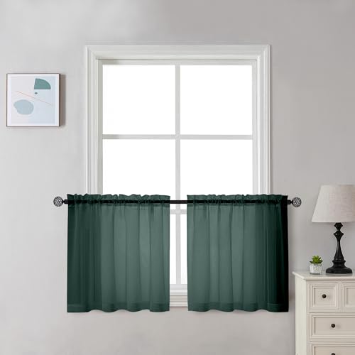 Image of Chyhomenyc Sheer Hunter Green Kitchen Tier Curtains 24 Inch Length Set, Small Window Curtains Treatment for Bathroom /Living Room /Cafe /Basement, Short Voile Curtain Tiers 42in x 24in, Rod Pocket, 2 PCS