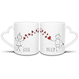 Tassendruck Partner-Tassen mit süßen Strichmännchen - für Frau und Mann - zum selbst Beschriften mit Wunschnamen - 2er Set Kaffeebecher aus Keramik mit Herzhenkel in Weiß, je 300 ml