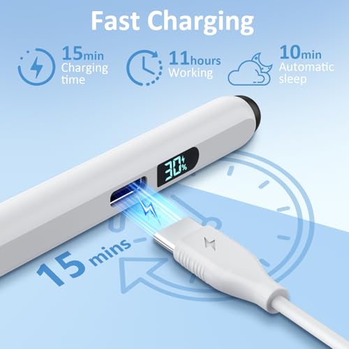 Image of DIGIROOT iPad Pencil LED Display 15 Mins Fast Charge Stylus Pen for iPad with Palm Rejection for 2018-2025 iPad Air 3 /4 /5 /M2 /M3, iPad mini 5 /6, iPad 6 /7 /8 /9 /10 /11, iPad Pro 11 inch,12.9 inch&M4 (White)